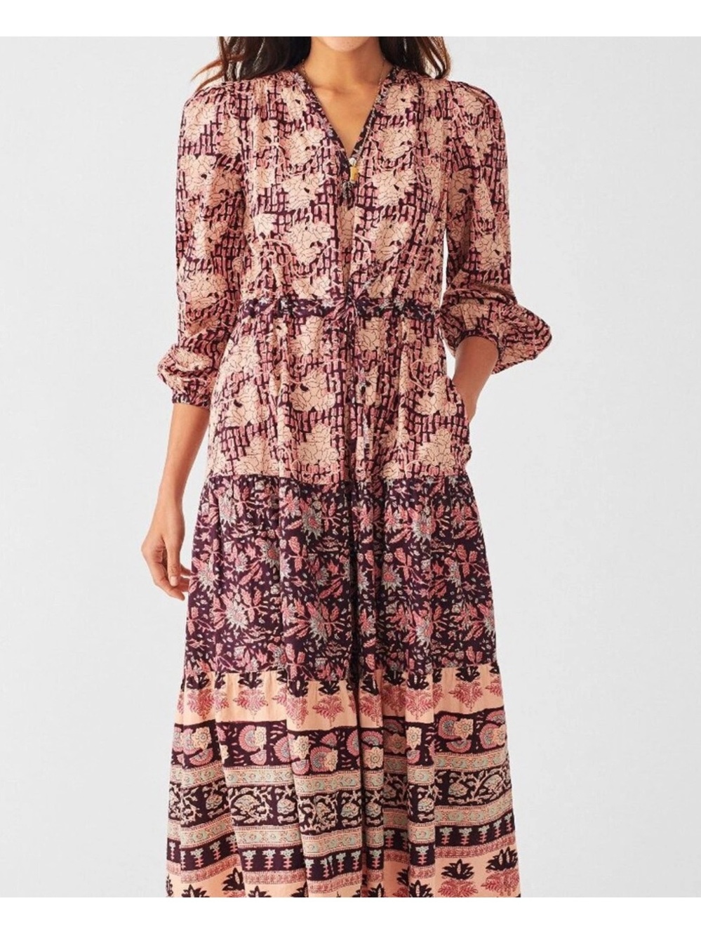 Faherty Idina Maxi Block Print Maxi Tiered Dress Size XS NWOT